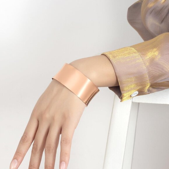 Women 925 Silver Curved Bangle 30MM Wide Rose Gold Plated Adjustable Jewelry Gif - Picture 2 of 7